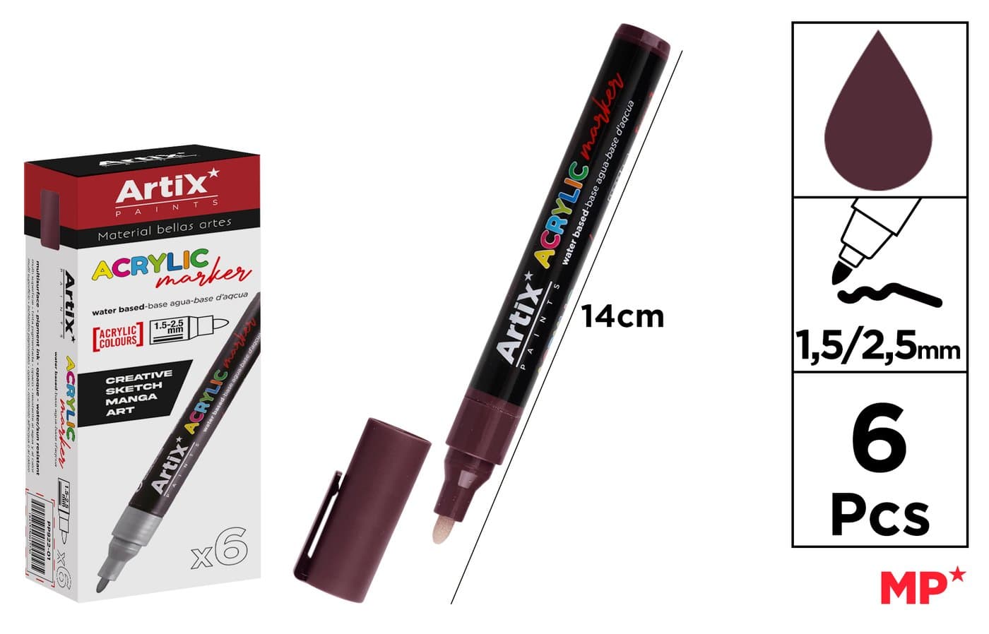 Marker akrylowy bordowy z czarnym plastikowym korpusem