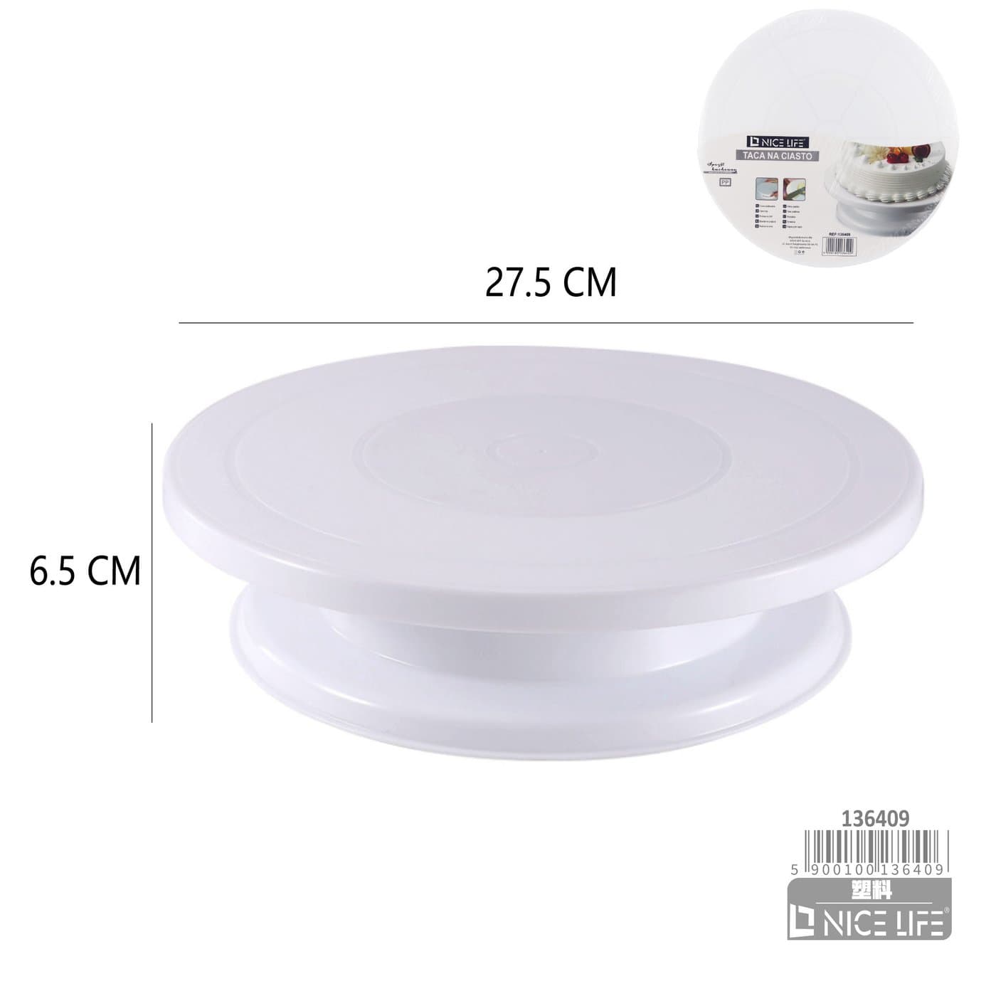 Taca na ciasto okrągła biała plastikowa na szerokiej podstawie
