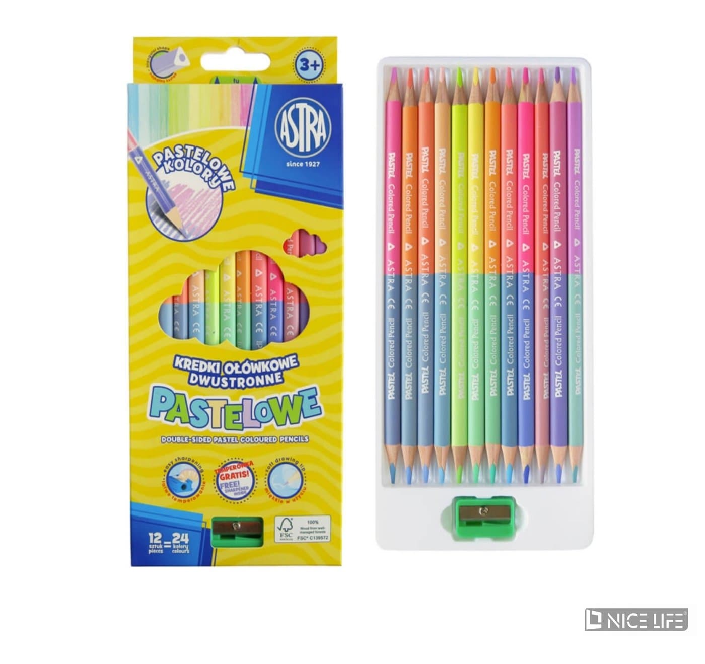 Kredki ołówkowe dwustronne pastel. 12/24