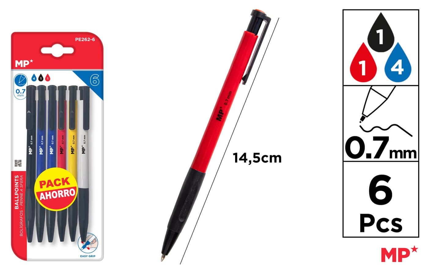 Długopisy automatyczne MP 0,7 mm, 6 szt. (niebieskie, czarny, czerwony)