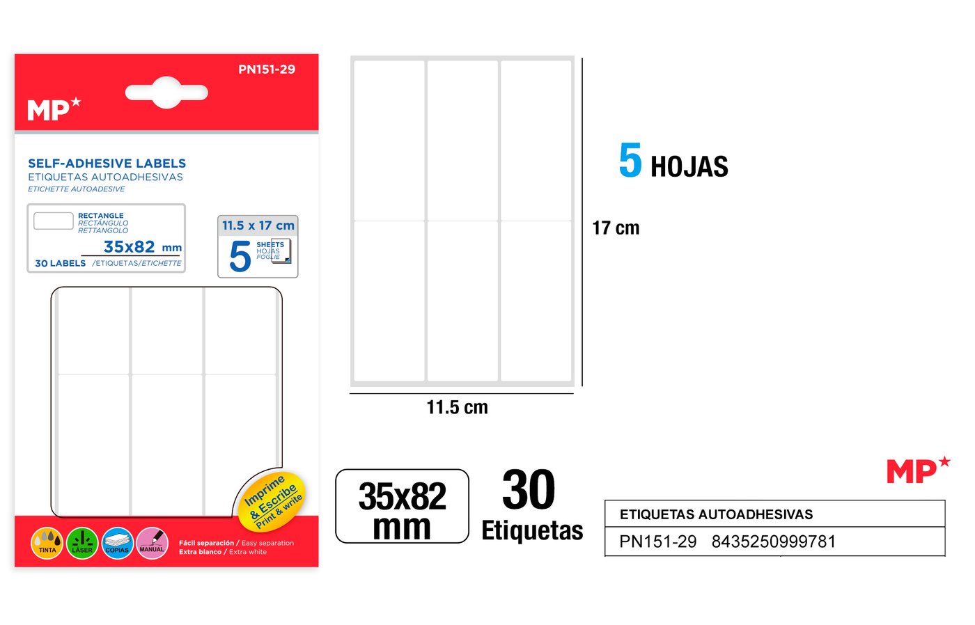 Etykiety samoprzylepne biale 5 arkuszy 35x82mm