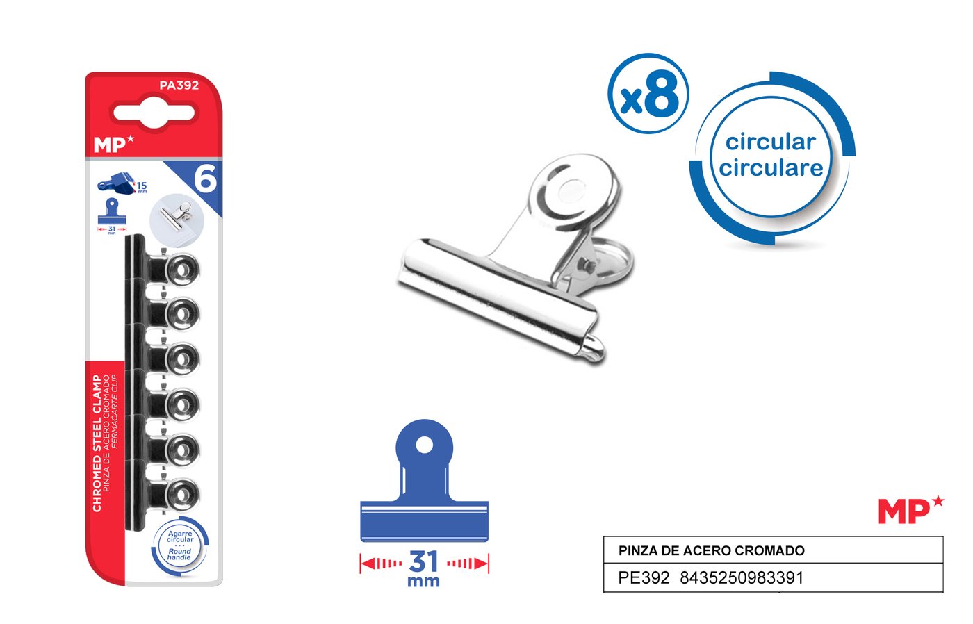 Klipsy biurowe metalowe srebrne 6sztop. 31mm MP