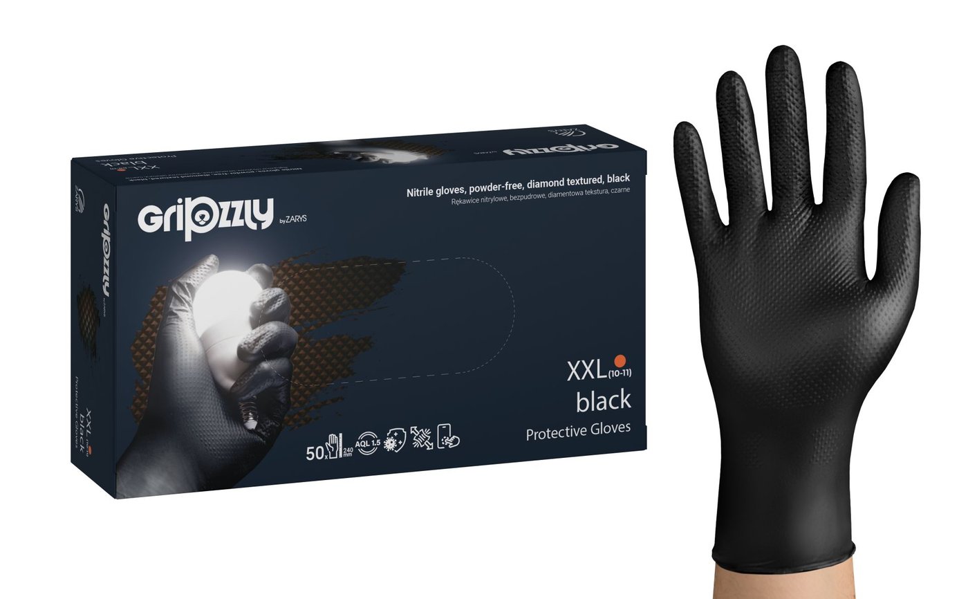 RĘKAWICZKI NITRYLOWE CZARNE TYPU GRIP OP 50SZT roz XL