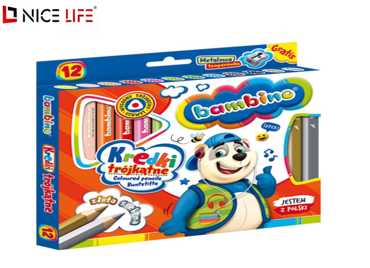 Kredki trójkątne drewniane 12kol. z temperówką BAMBINO