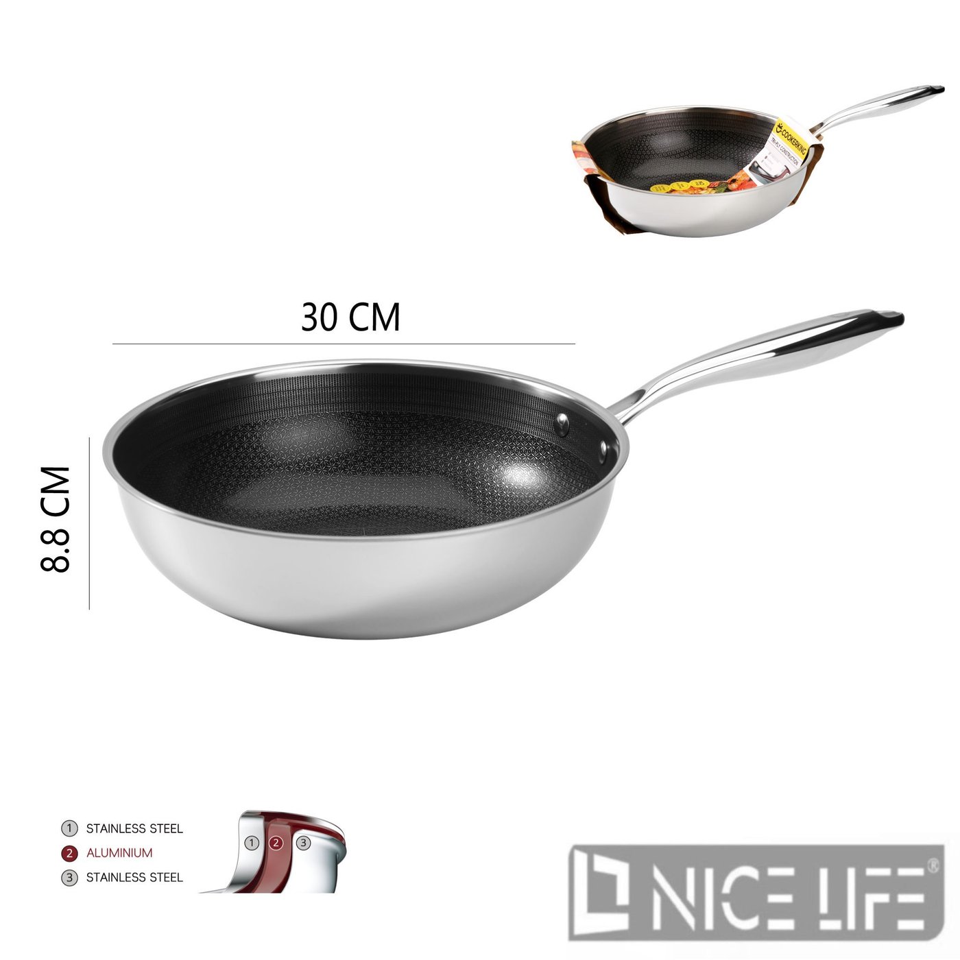 Wok ze stali nierdzewnej trójwarstwowej 30 cm