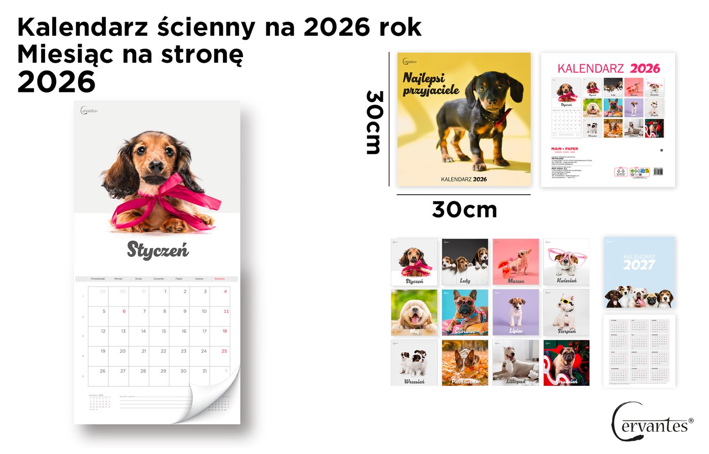 Kalendarz ścienny 2026 pies 30 x 30 cm