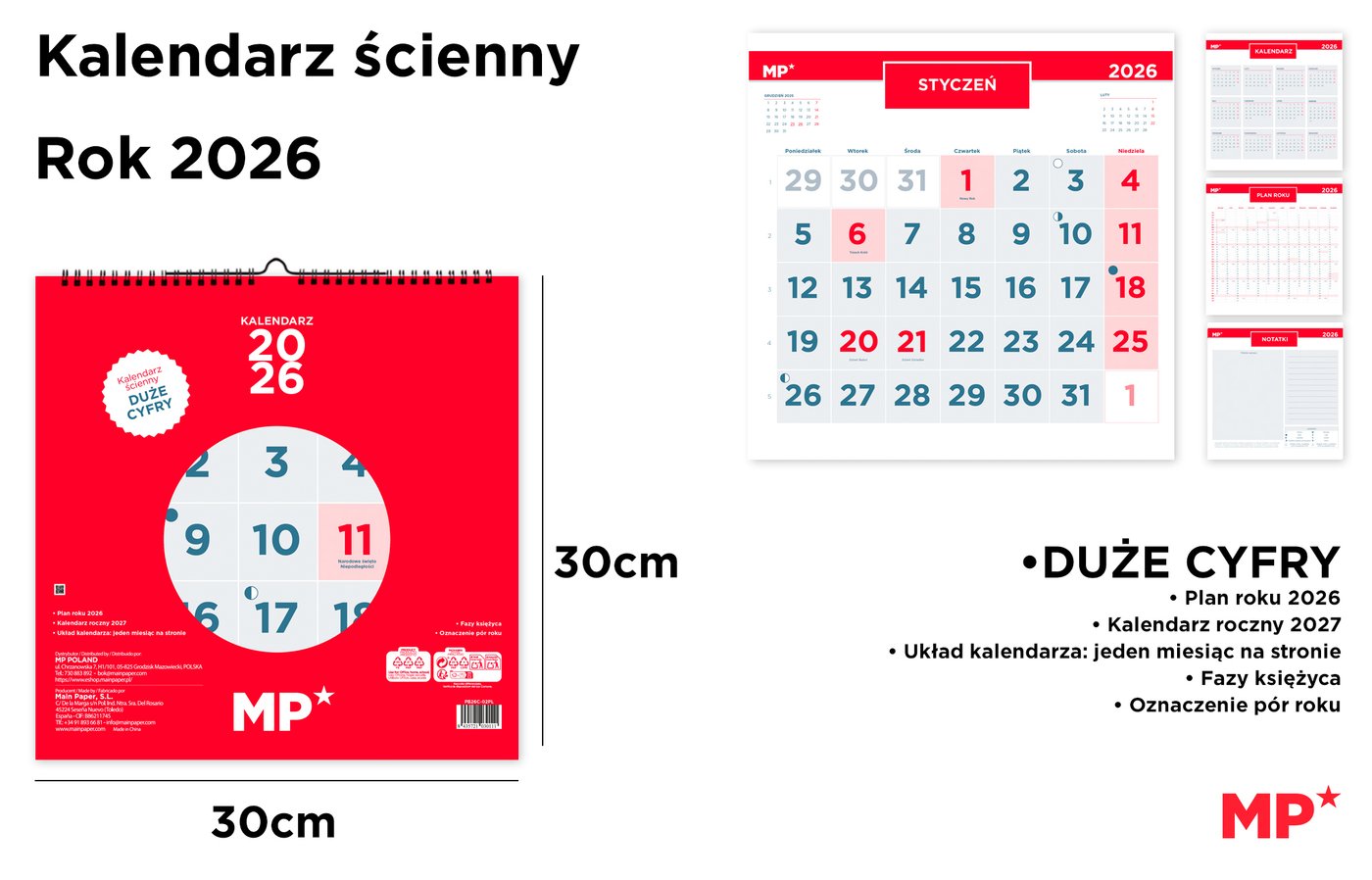 Kalendarz ścienny 2026 czerwony 30 x 30 cm