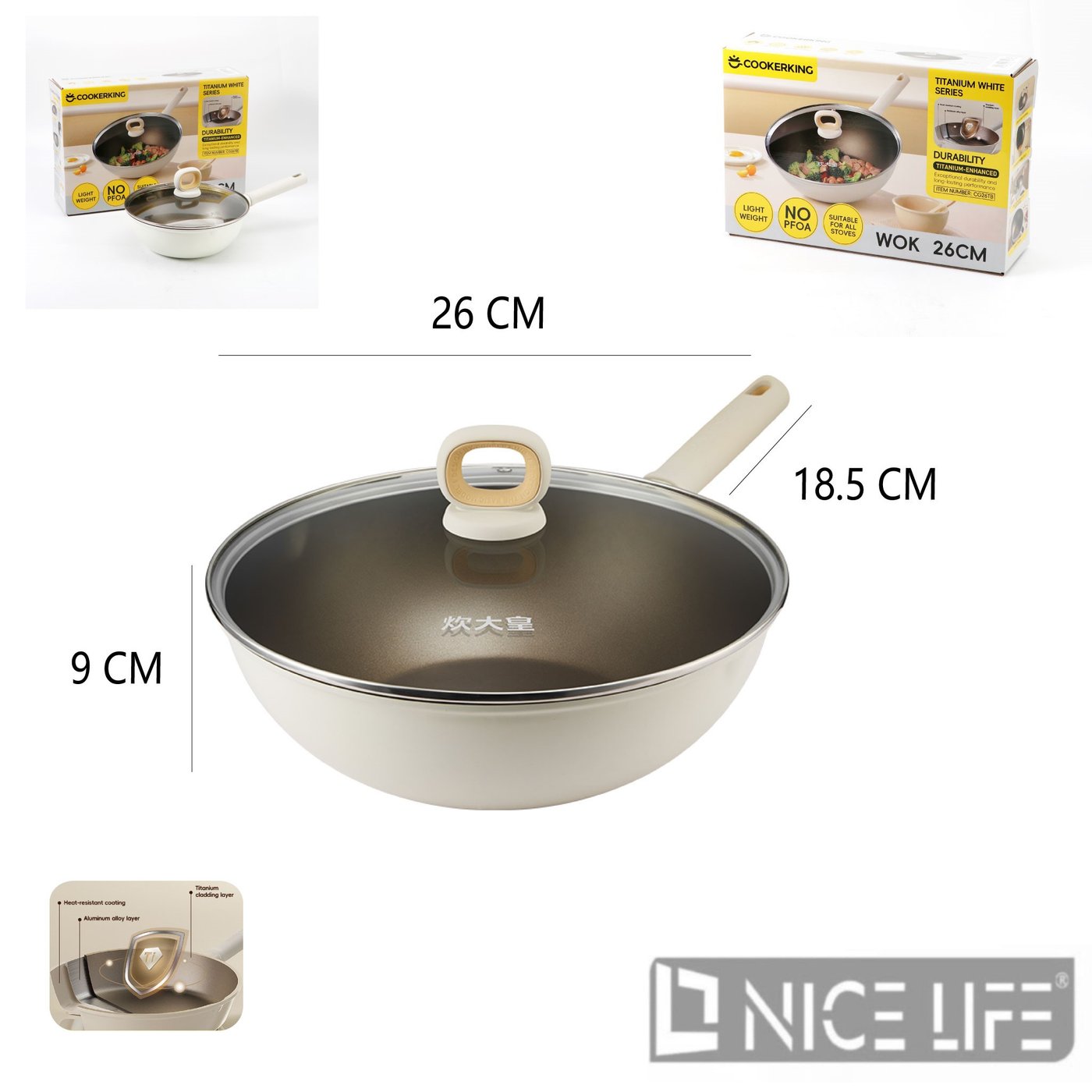 Wok Tytanowy Nieprzywierający 26 cm z Pokrywką