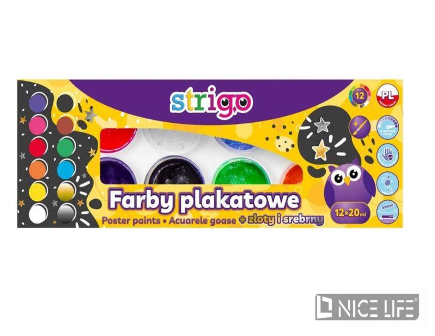 FARBY PLAKATOWE Z PĘDZELKIEM 12kol. STRIGO