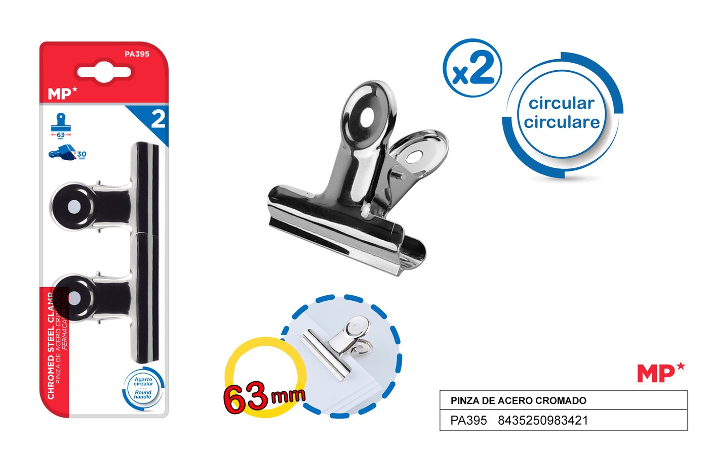 Klipsy biurowe metalowe srebrne 2sztop. 63mm MP
