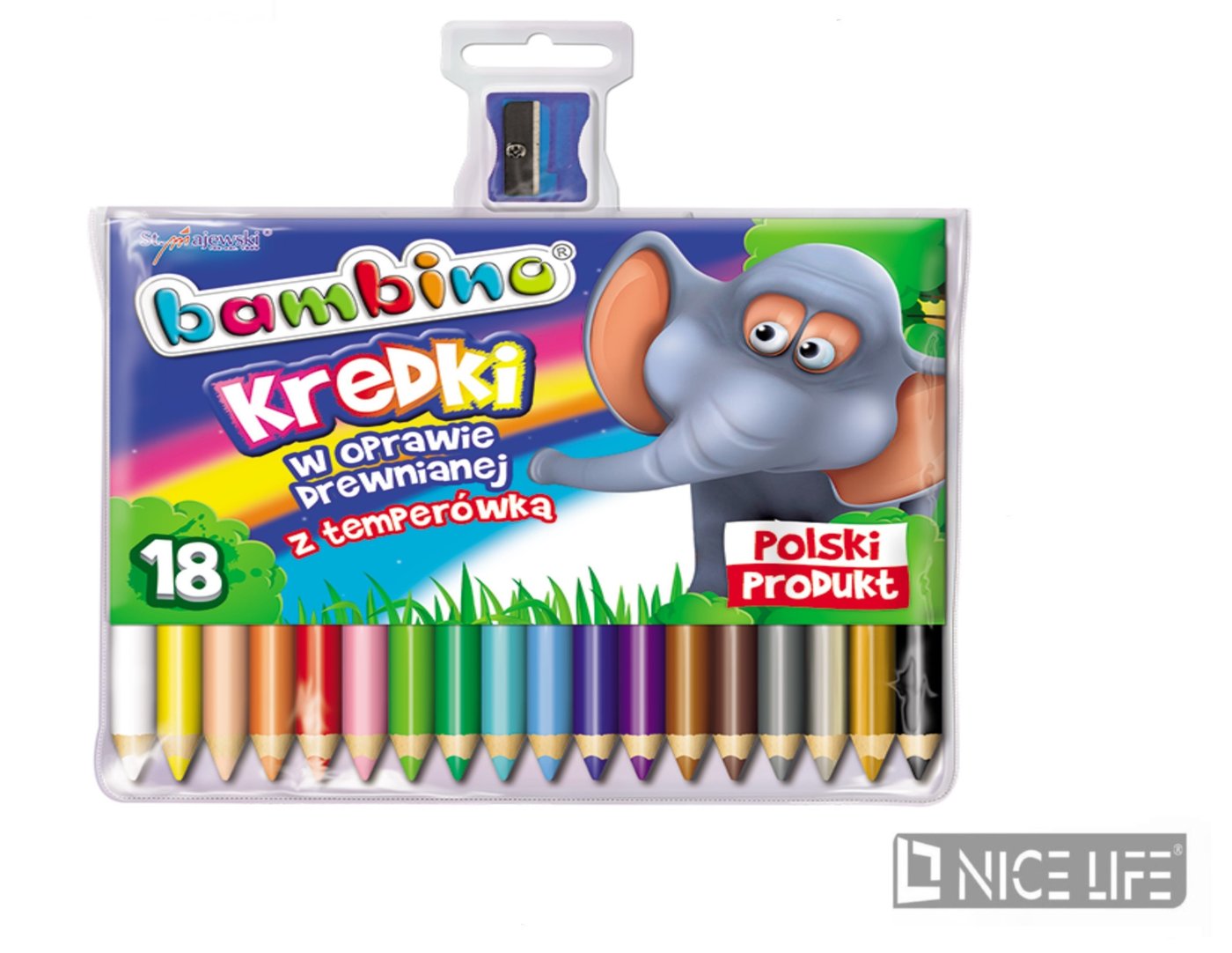 Kredki drewniane jumbo 18kol. z temperówką BAMBINO