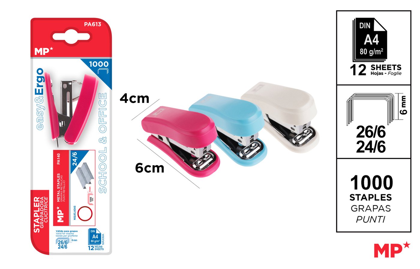 Zszywacz MINI MIX KOL. 24/6 , 6CM*4CM zszywki