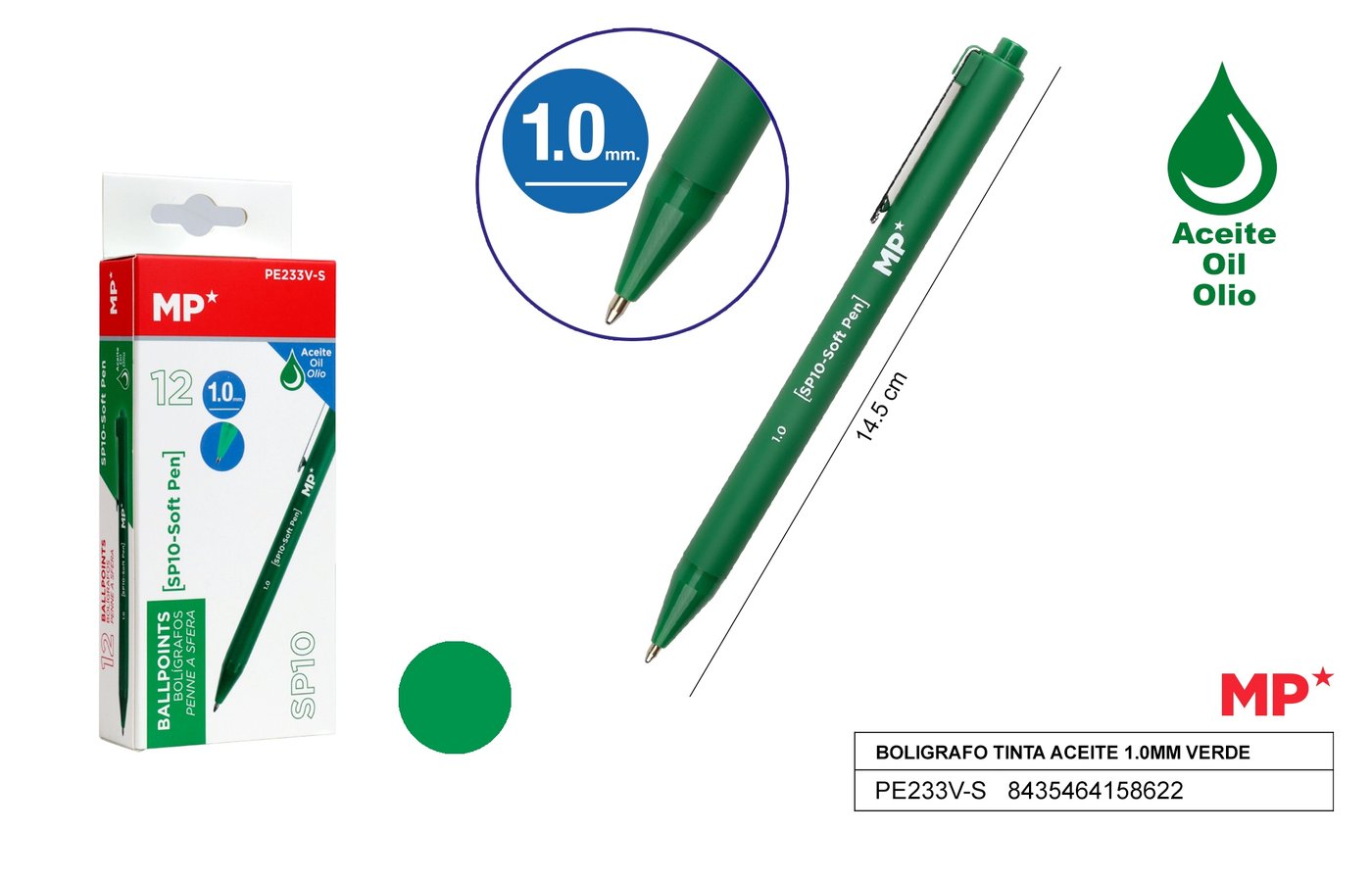 Długopis olejowy 1.0mm 3sztop. jasnozielony