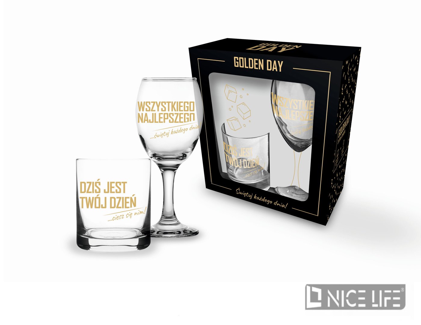 GOLDEN DAY- Zestaw szklanka i kieliszek - Wszystkiego najlepszego