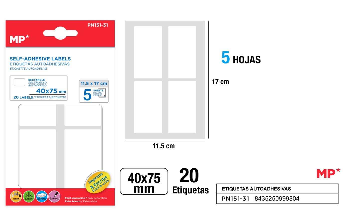 Etykiety samoprzylepne biale 5 arkuszy 40x75mm