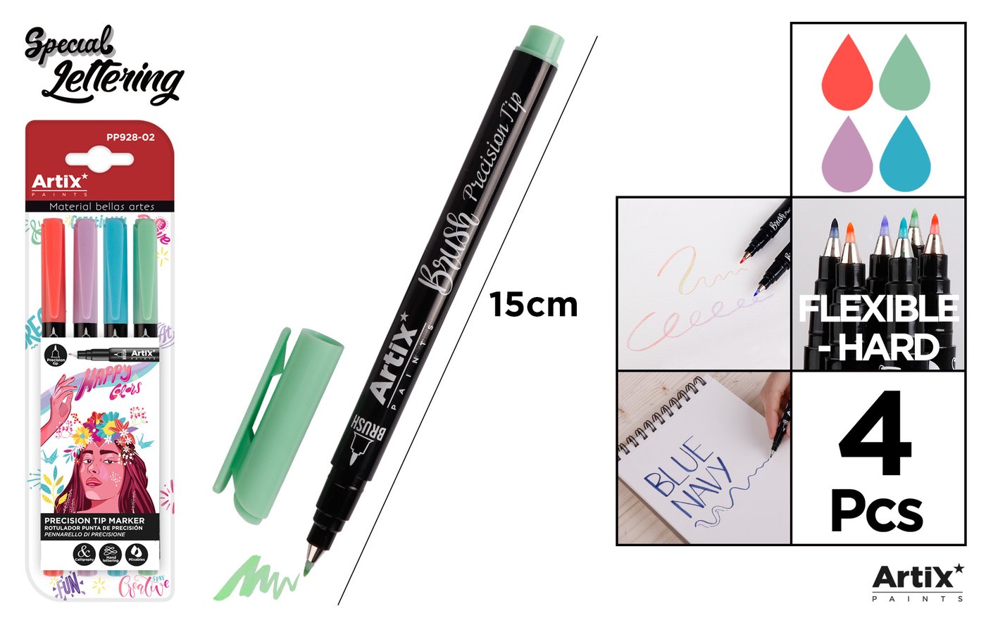ROTULADOR PUNTA PINCEL MEDIANA 4UDS