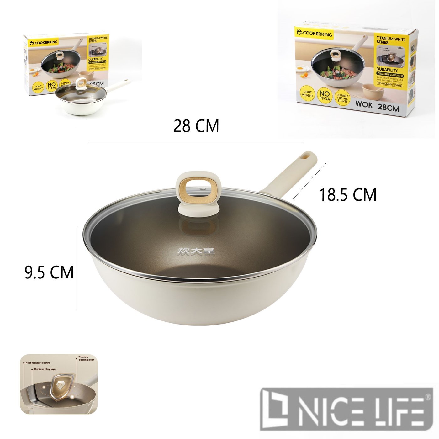 Wok Tytanowy Nieprzywierający 28 cm z Pokrywką
