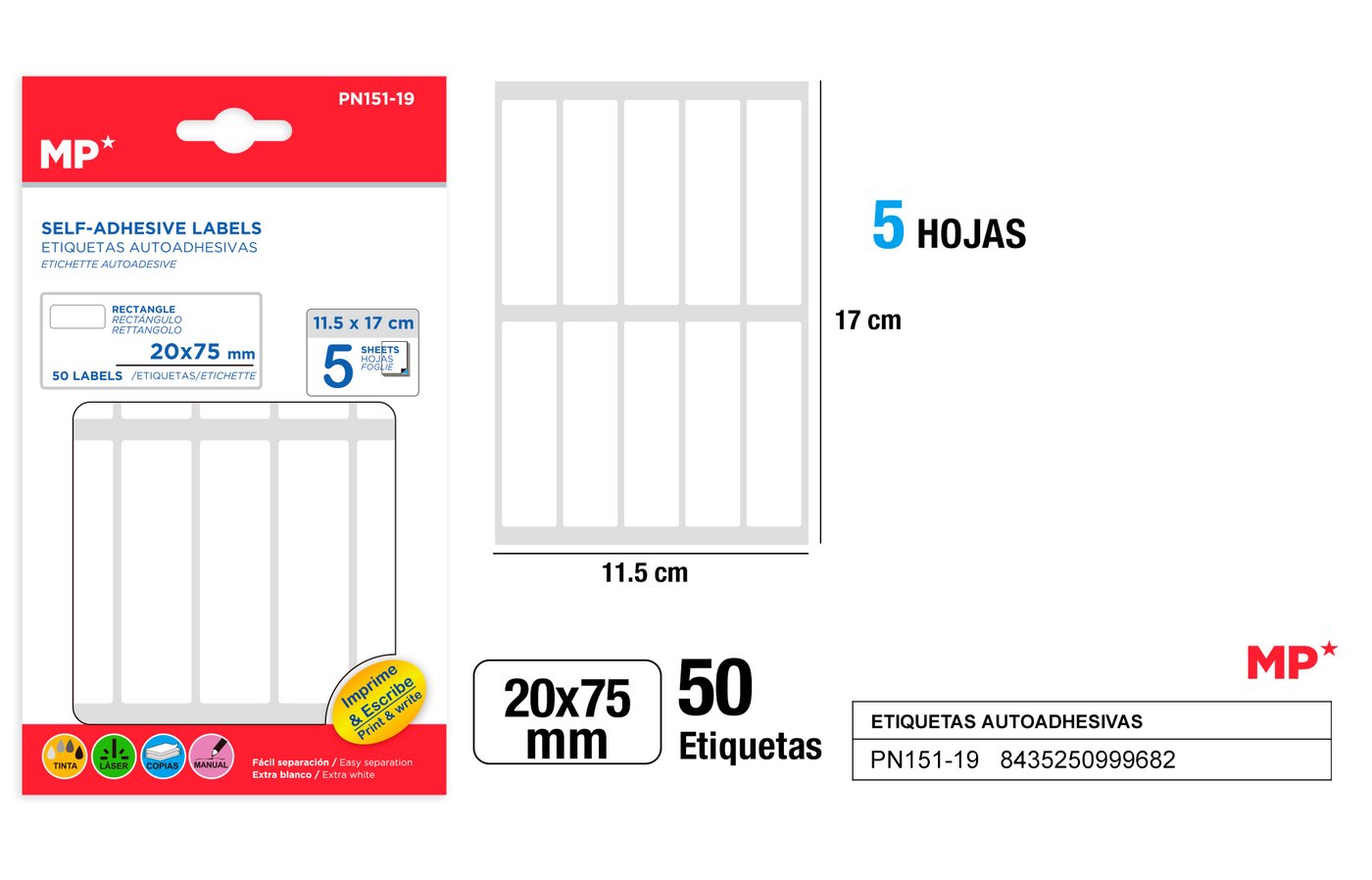 Etykiety samoprzylepne biale 5 arkuszy 20x75mm