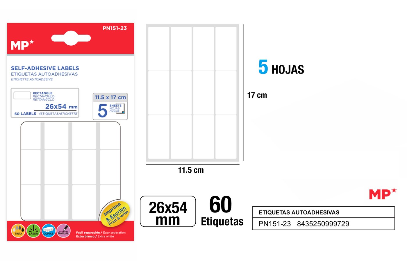 Etykiety samoprzylepne biale 5 arkuszy 26x54mm