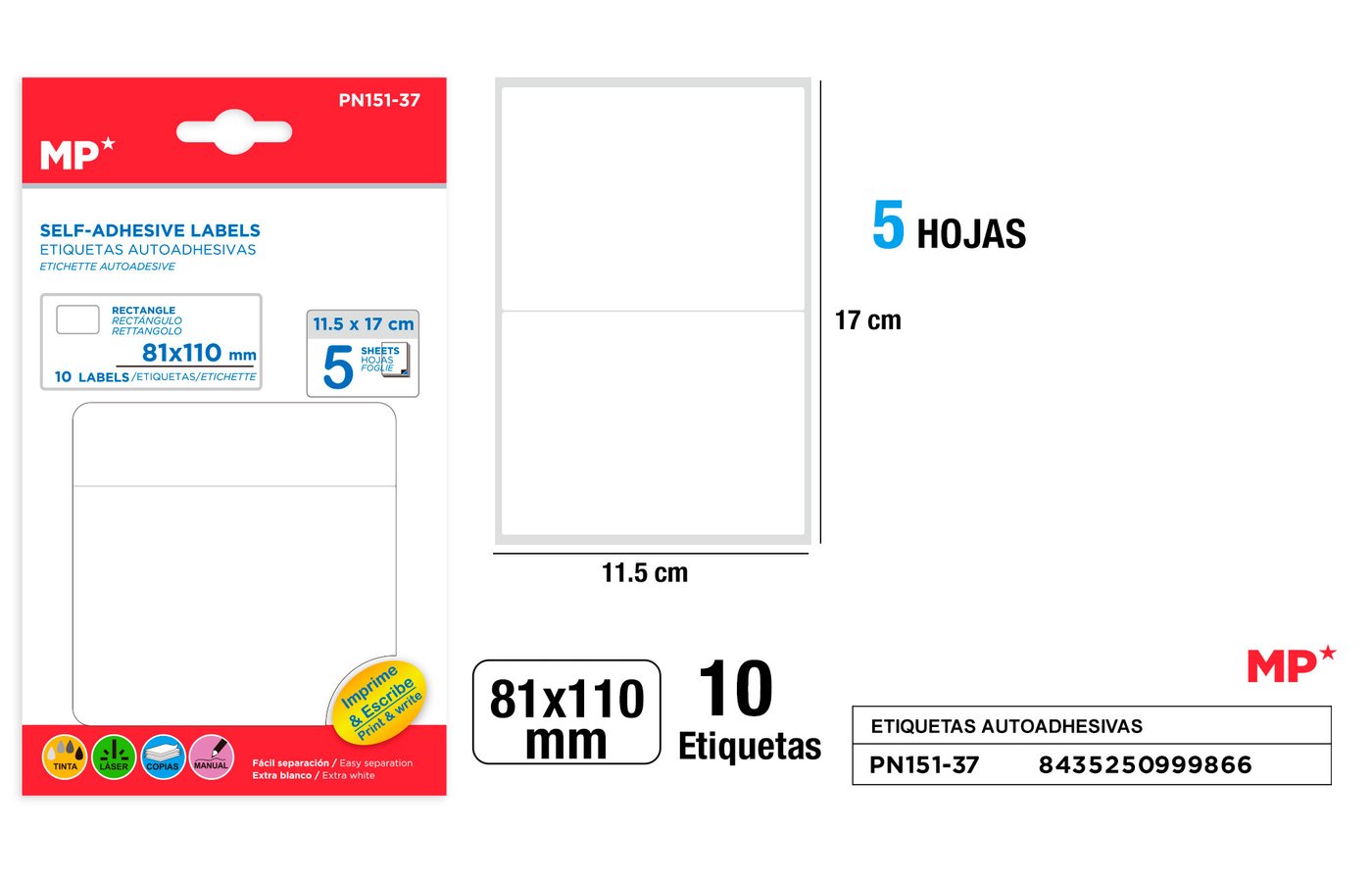 Etykiety samoprzylepne biale 5 arkuszy 81x110mm