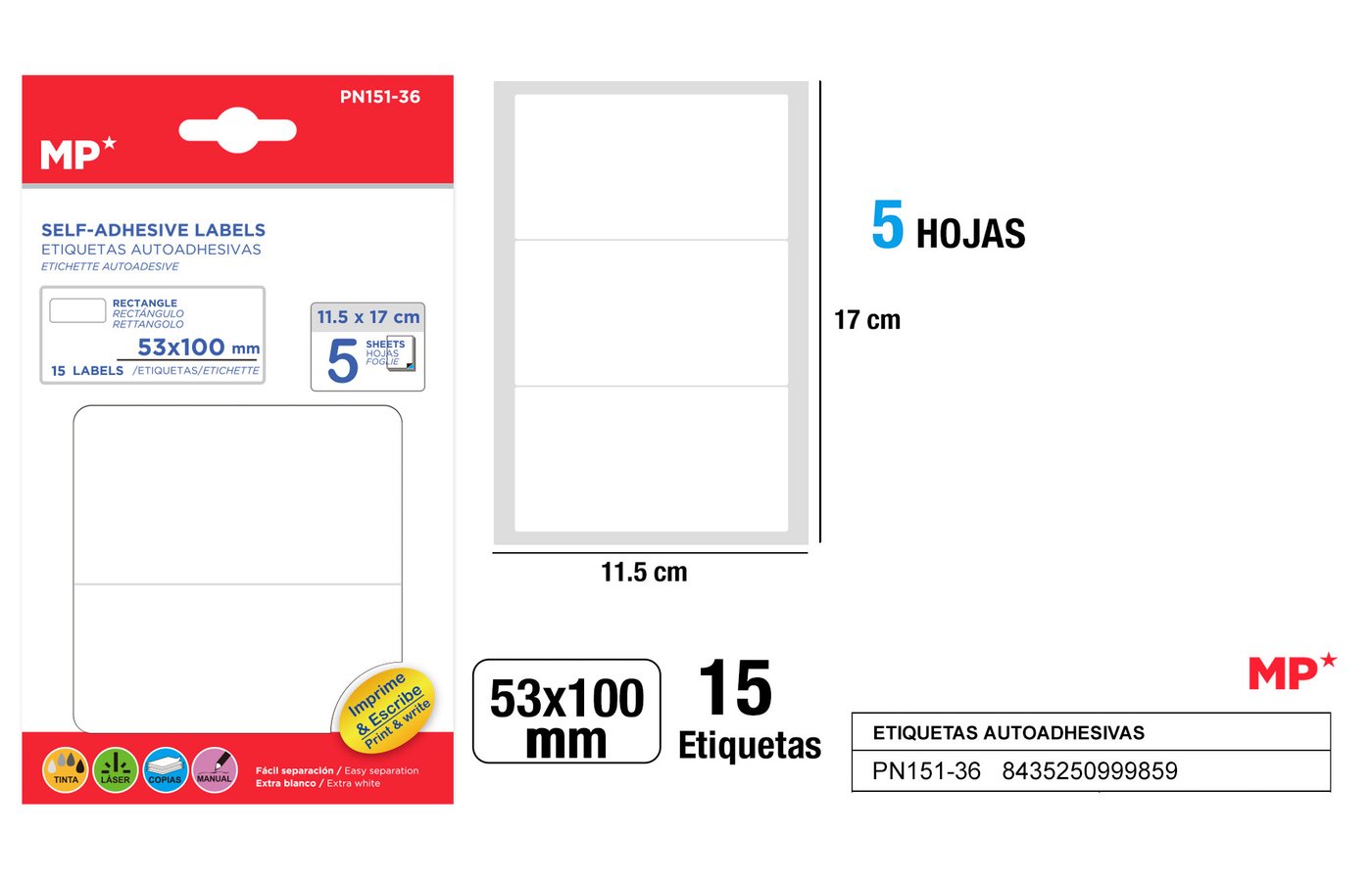 Etykiety samoprzylepne biale 5 arkuszy 53x100mm