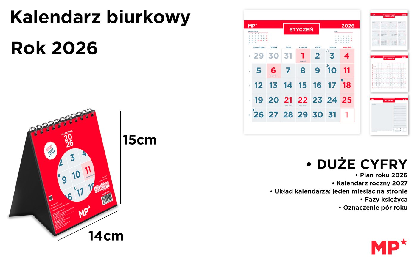 Kalendarz stolowy 2026 czerwony 14 x 15 cm
