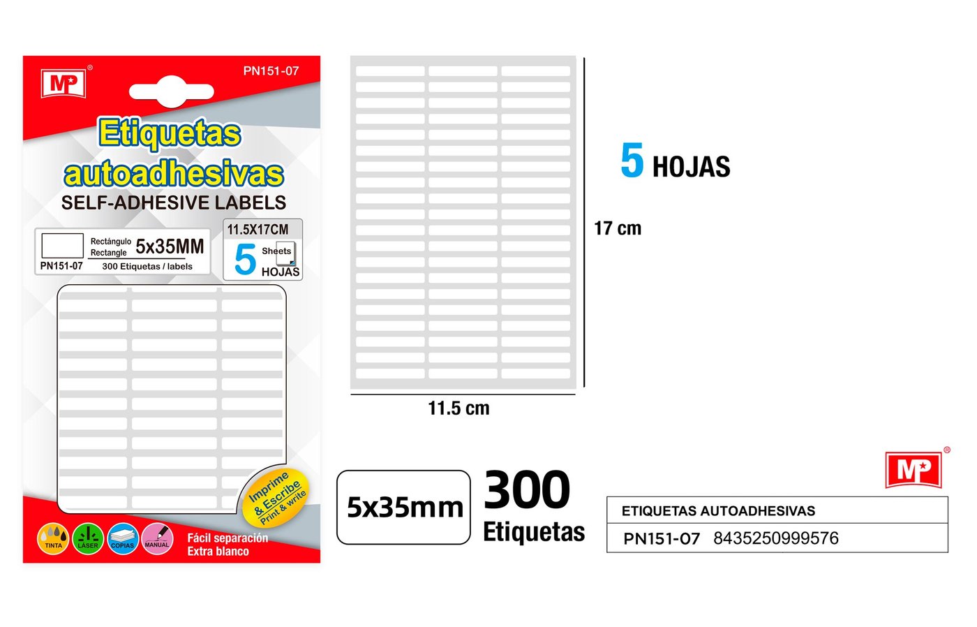Etykiety samoprzylepne biale 5 arkuszy 5x35mm