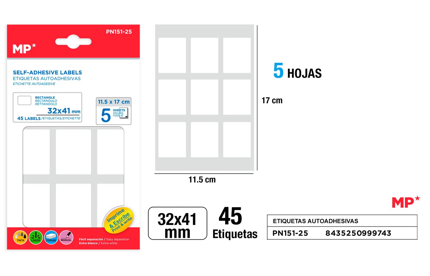 Etykiety samoprzylepne biale 5 arkuszy 32x41mm