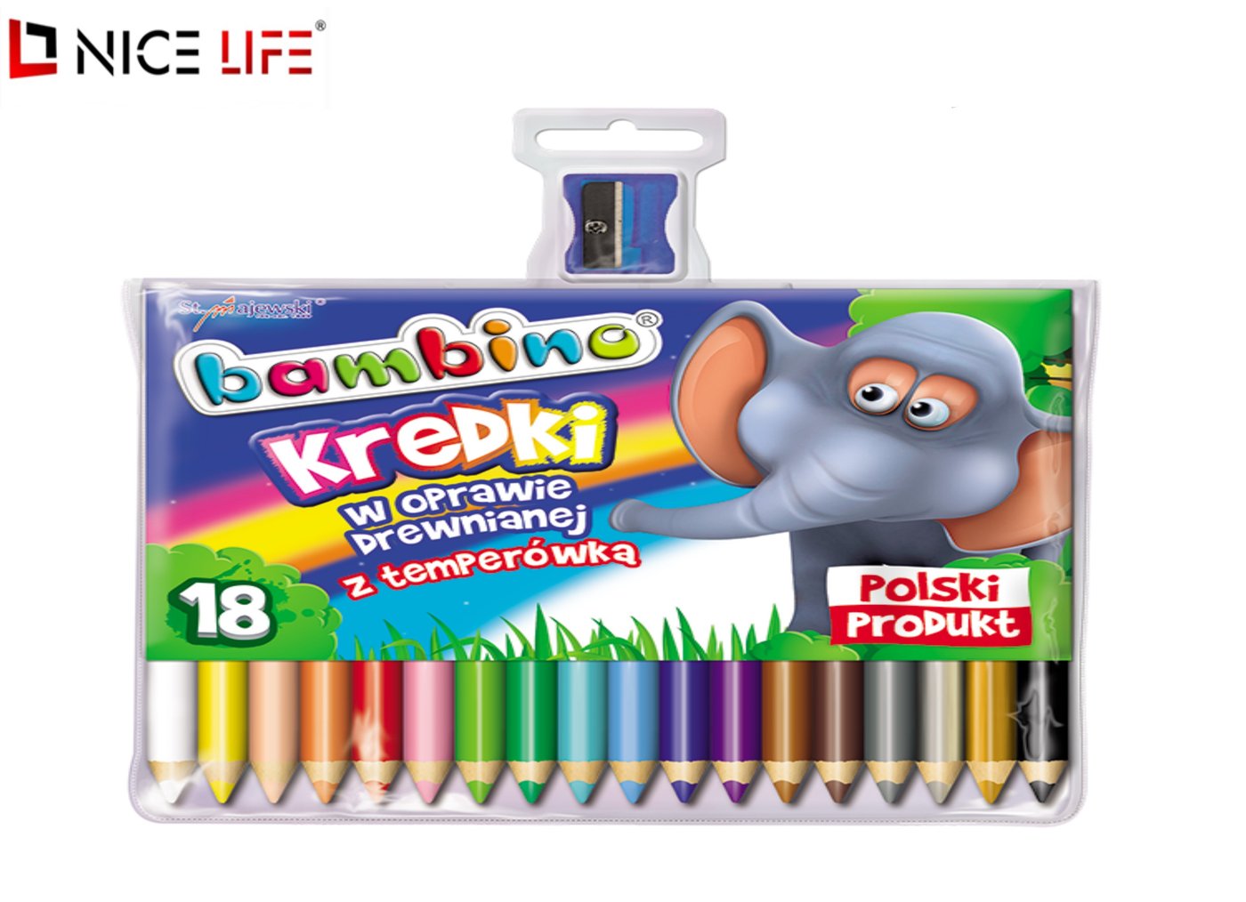 Kredki drewniane jumbo 18kol. z temperówką BAMBINO