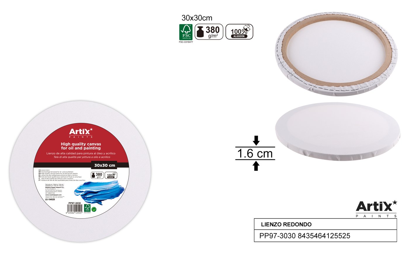 Podobrazie okrągłe 30X30X1.6CM 380G/m2