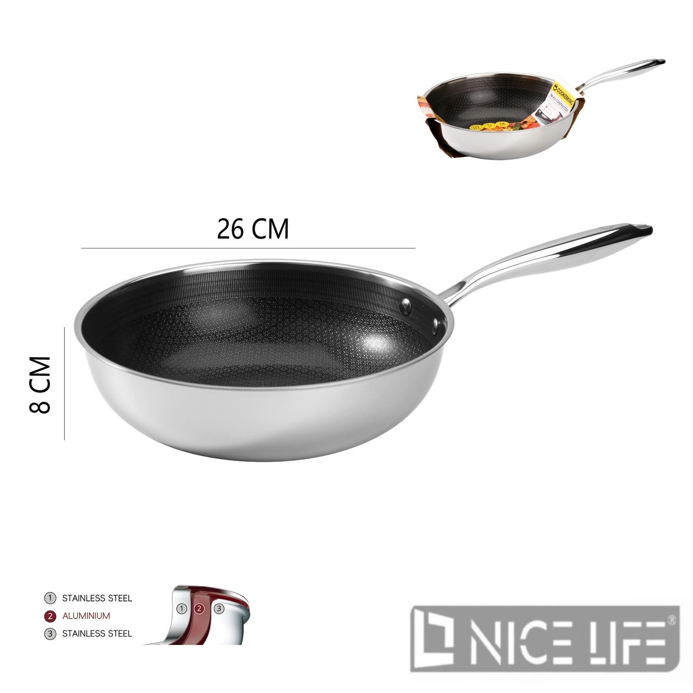 Wok ze stali nierdzewnej trójwarstwowej 26 cm