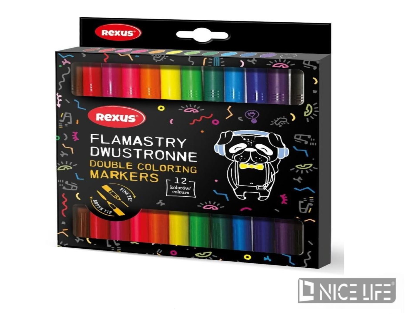 DWUSTRONNE MAZAKI z koĔcówką flamastrową i SĊdzelkową 12kol. w kartoniku / REXUS TEENS