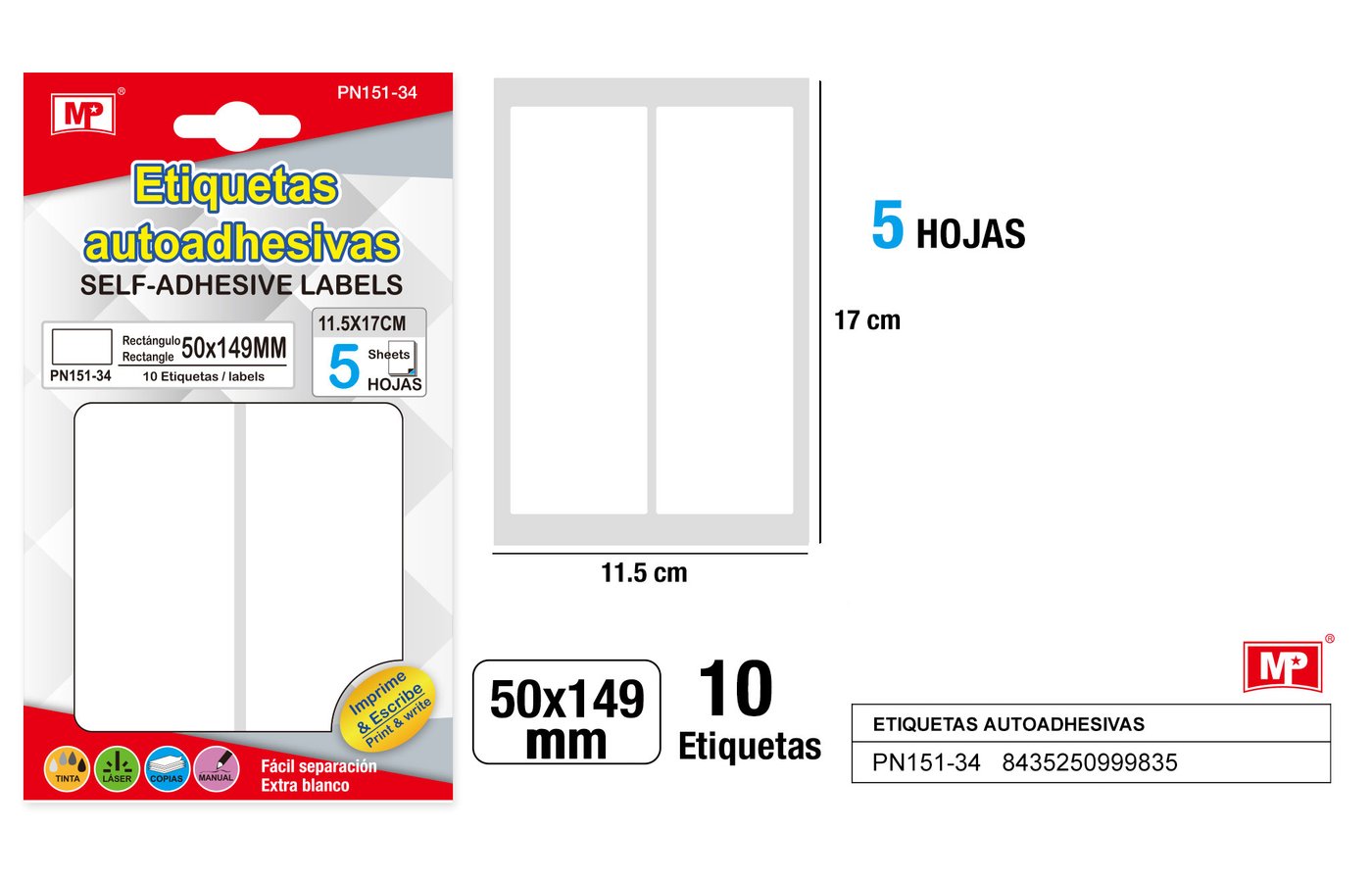 Etykiety samoprzylepne biale 5 arkuszy 50x149mm