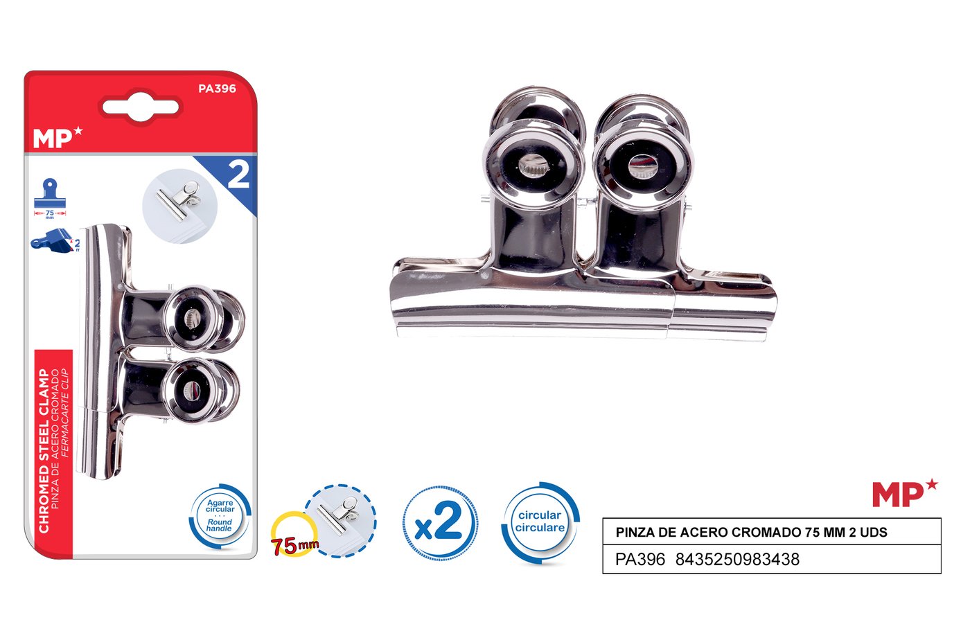 Klipsy biurowe metalowe srebrne 2sztop. 75mm MP