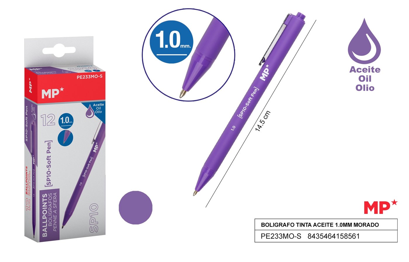Długopis olejowy 1.0mm 3sztop. fioletowy