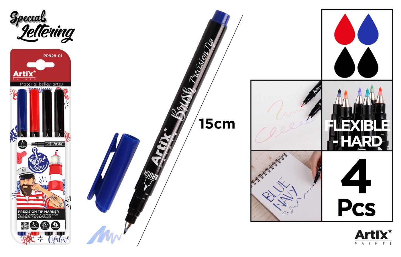 ROTULADOR PUNTA PINCEL MEDIANA 4UDS