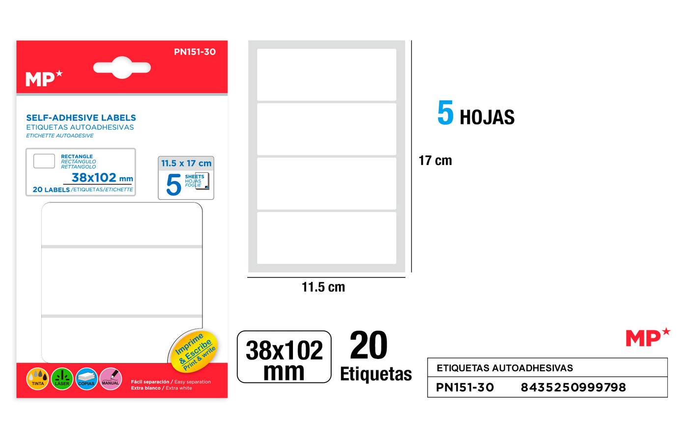 Etykiety samoprzylepne biale 5 arkuszy 38x102mm