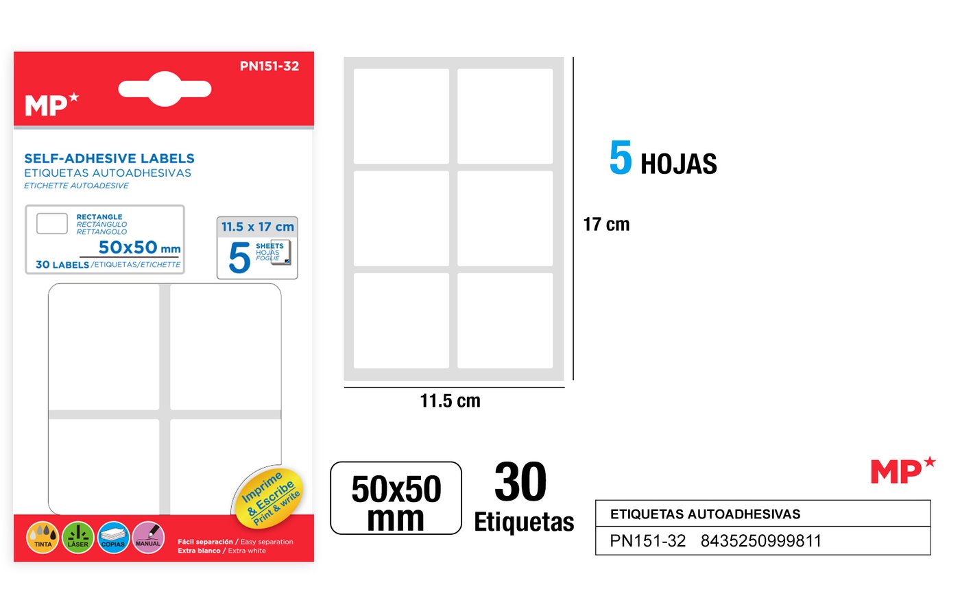 Etykiety samoprzylepne biale 5 arkuszy 50x50mm