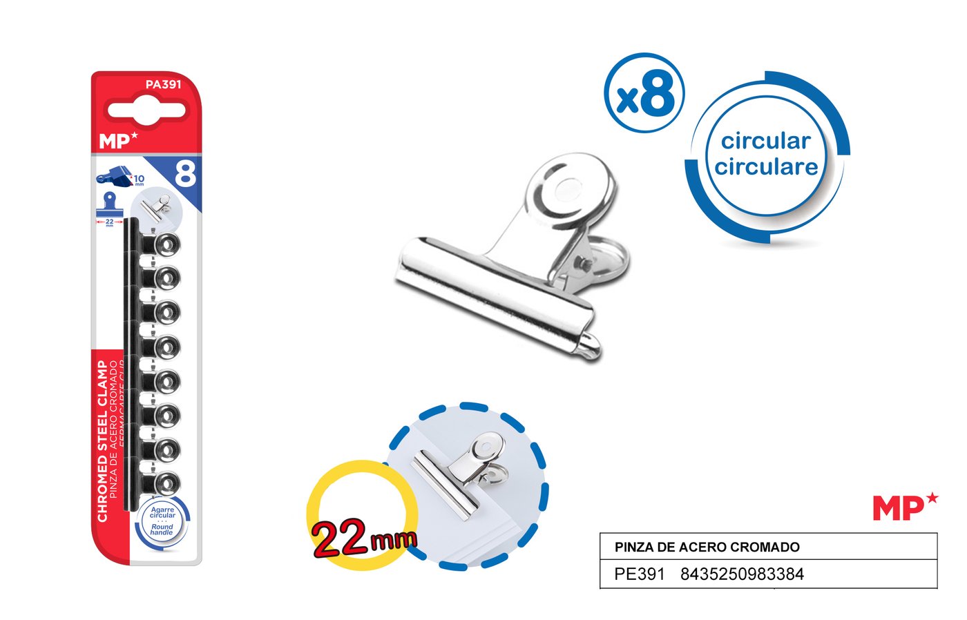 Klipsy biurowe metalowe srebrne 8sztop. 22mm MP